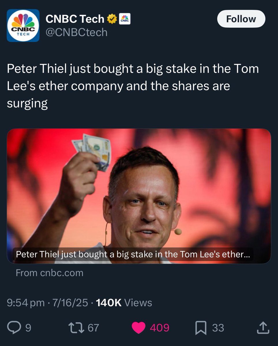 피터 틸은 왜 이더리움을 선택했나⁉️ 팔란티어 창업자 피터 틸 비트코인 아닌 이더리움 기반 인프라 기업에 투자🔥 그는 $BTC 아닌  스마트 계약과 웹삼 기술에 집중한 $ETH 생태계의 잠재력에 베팅💥 최근 $PLTR도 데이터 블록체인