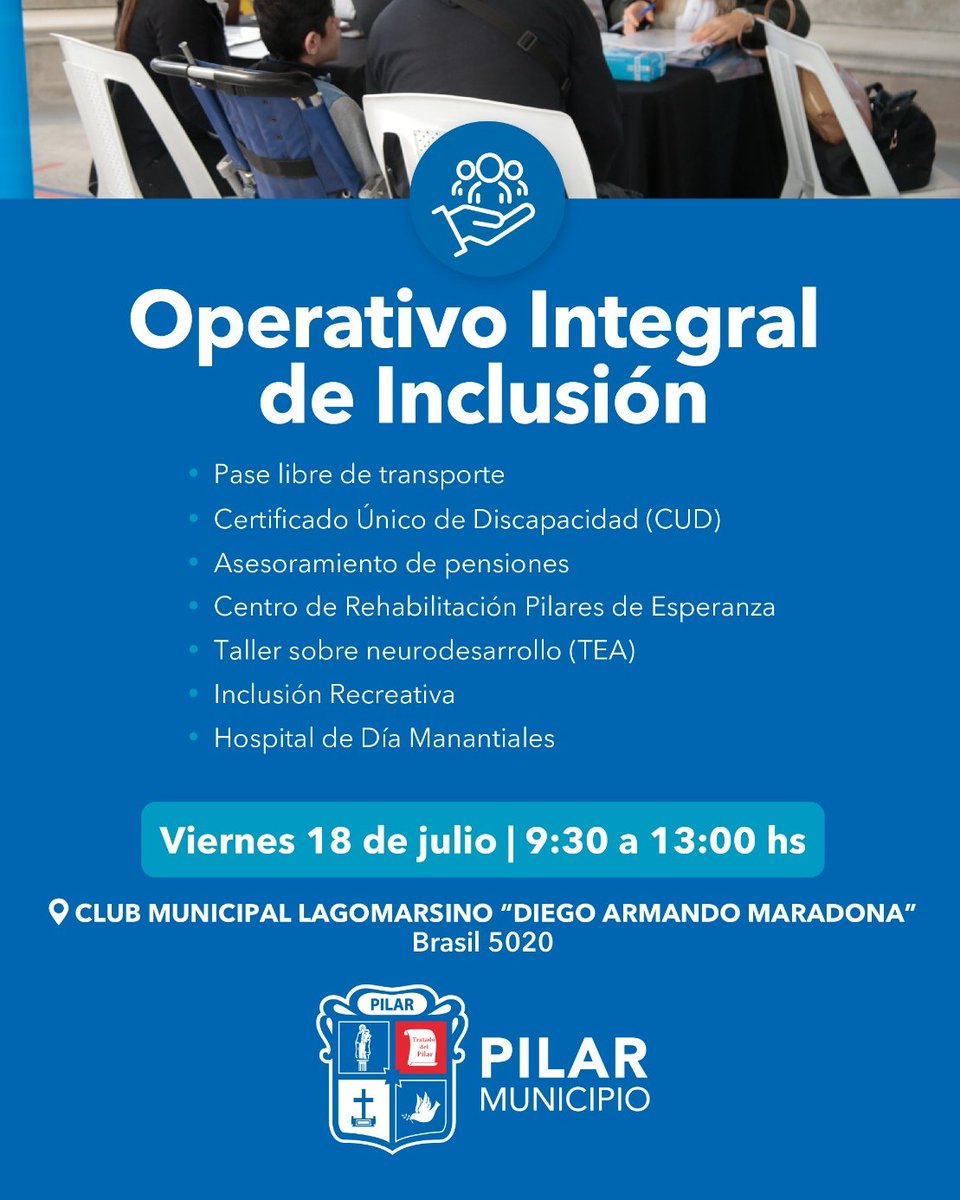 TABARÉ FERNÁNDEZ BERNENGO✌🌟🌟🌟 (@tabarefernandez) on Twitter photo Creemos en un Estado que acompañe y abrace, sabiendo lo importante que es estar junto a nuestros vecinos.
El viernes 18/7 realizamos un nuevo Operativo Integral de Inclusión.
Para acompañar y acercar trámites a Personas con Discapacidad.
#LaFuerzaDeTransformar <a href="/FedericoAchaval/">Federico Achával</a> Creemos en un Estado que acompañe y abrace, sabiendo lo importante que es estar junto a nuestros vecinos.
El viernes 18/7 realizamos un nuevo Operativo Integral de Inclusión.
Para acompañar y acercar trámites a Personas con Discapacidad.
#LaFuerzaDeTransformar <a href="/FedericoAchaval/">Federico Achával</a>