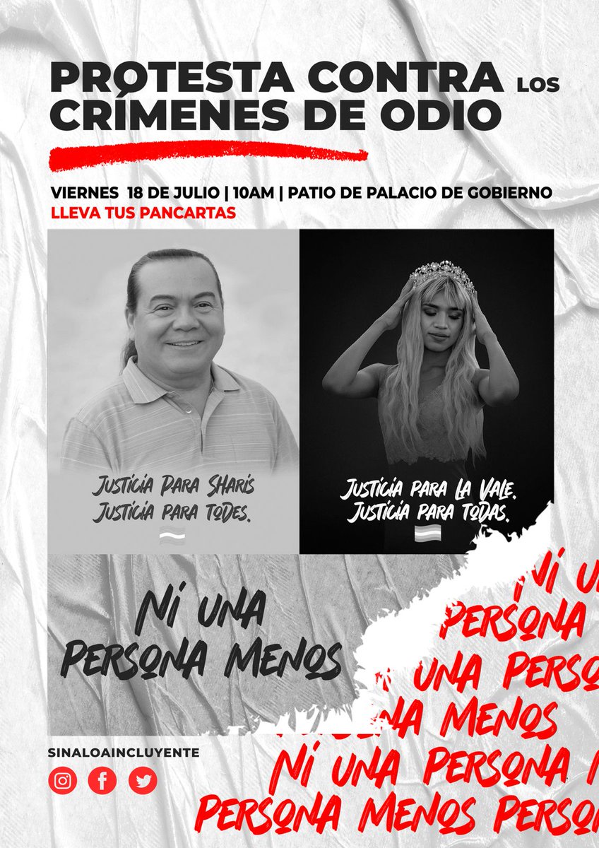 🚨 PROTESTA CONTRA LOS CRÍMENES DE ODIO 🚨
Este viernes 18 de julio a las 10:00 AM en el Patio de Palacio de Gobierno, nos reunimos en una protesta pacífica para exigir justicia por Sharis, por La Vale, y por todes.