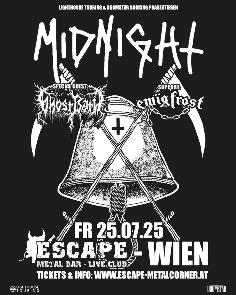 Just announced: Escape Metalcorner on July 25th with Midnight and Ewïg Frost

Short notice show, come party with us \m/

Tickets: linktr.ee/ghostbath
