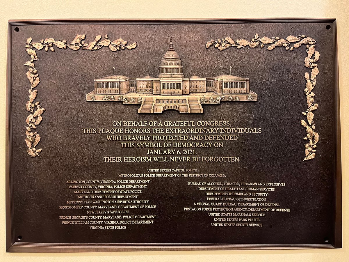 RepThompson's tweet image. After January 6, 2021, Congress passed a law requiring the Capitol display a plaque recognizing our brave Capitol police officers who defended us. Yet this plaque is sitting forgotten in the basement.
If Speaker Johnson won’t display it, then I will.
I’m proud to display this…