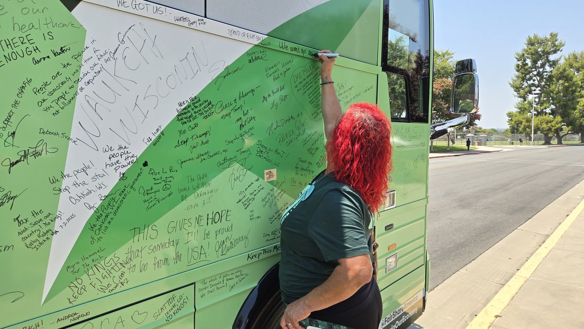 AFSCME's tweet image. Rep. Valadao voted to cut Medicaid, SNAP, & risk over 180K CA jobs, to fund the biggest billionaire tax break in history. AFSCME members joined the @FairShare_USA Stop The Billionaire Giveaway bus tour to call him out for turning his back on the people he was elected to serve.