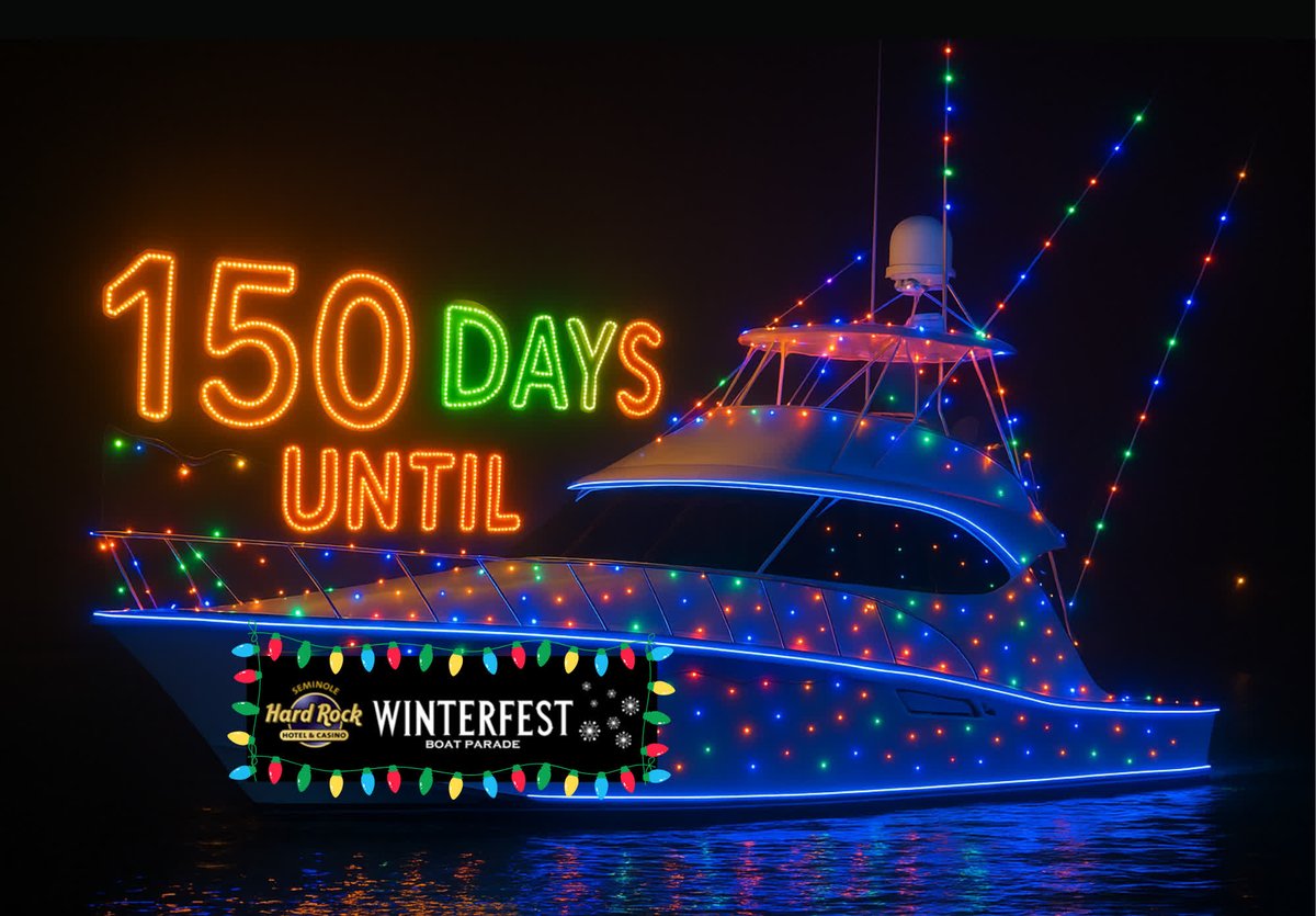 🎉 150 DAYS TO GO! 🚤💫
Only 150 days until the Seminole Hard Rock Winterfest Boat Parade lights up the water!
Expect dazzling boats, festive music, and holiday cheer like no other.
✨ Save the date and get ready to celebrate in style!
#WinterfestBoatParade
