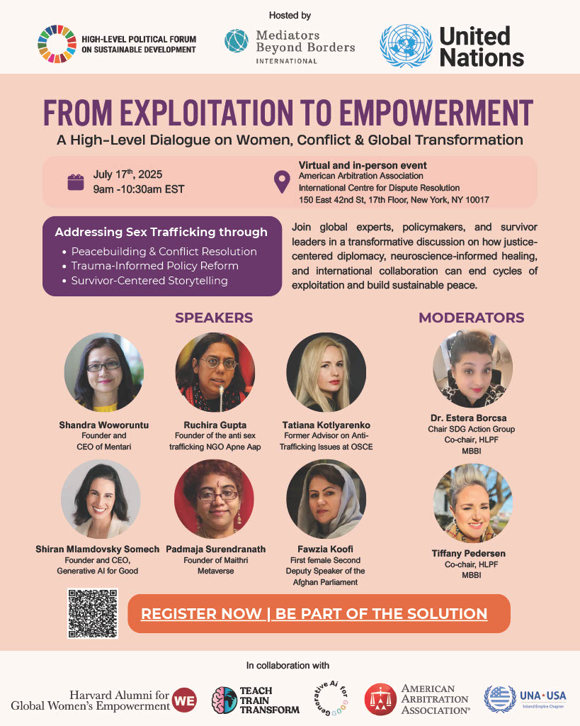 Apne Aap (@apneaap) on Twitter photo On Thurs, July 17 (9–10:30 AM EDT), Apne Aap President Ruchira Gupta joins <a href="/MBBIntl/">Mediators Beyond Borders International</a>’s workshop: "From Exploitation to Empowerment."
Co-hosted w/ <a href="/UN/">United Nations</a> & HLPF. Moderated by Dr. Estera Borcsa & Tiffany Pedersen.
🔗 Register: mbbi.app.neoncrm.com/np/clients/mbb….
#EndSexTrafficking #UNSDGs On Thurs, July 17 (9–10:30 AM EDT), Apne Aap President Ruchira Gupta joins <a href="/MBBIntl/">Mediators Beyond Borders International</a>’s workshop: "From Exploitation to Empowerment."
Co-hosted w/ <a href="/UN/">United Nations</a> & HLPF. Moderated by Dr. Estera Borcsa & Tiffany Pedersen.
🔗 Register: mbbi.app.neoncrm.com/np/clients/mbb….
#EndSexTrafficking #UNSDGs