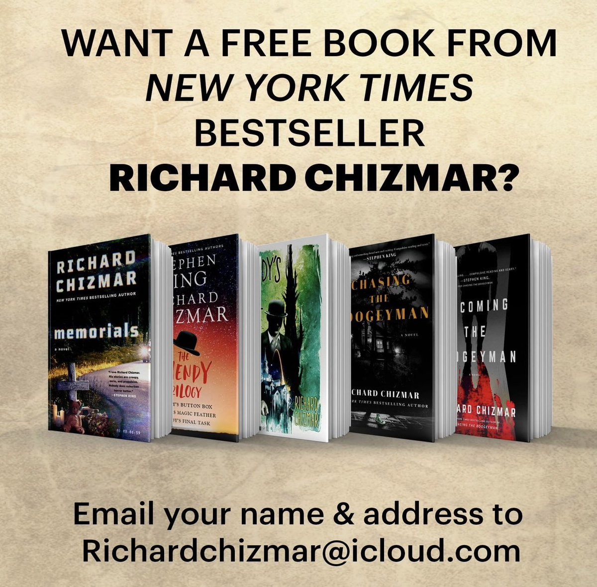 RichardChizmar's tweet image. FOR NEW READERS ONLY!
Never read a Richard Chizmar novel? Want to give one a try? Send your name and address to the email below (in the photo), and we will send you one absolutely free. No purchase necessary. (U.S. only).