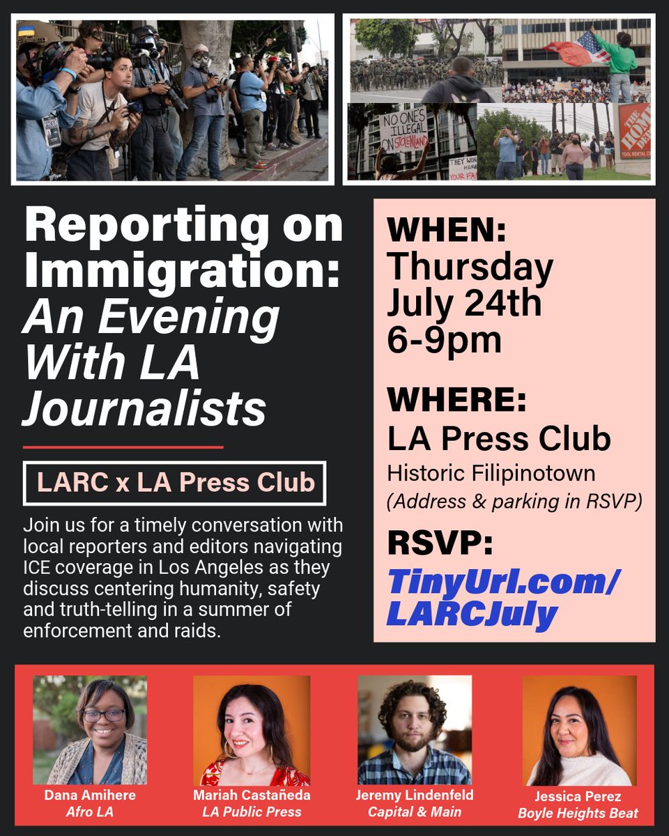 LAPressClub's tweet image. The LA Press Club is partnering up with LA Radio Collective to bring you a discussion on immigration coverage featuring journalists reporting on ICE’s actions in the Southland.
July 24 at 6 PM
2535 W Temple Street, Los Angeles, CA 90026 Got a question Email info@lapressclub