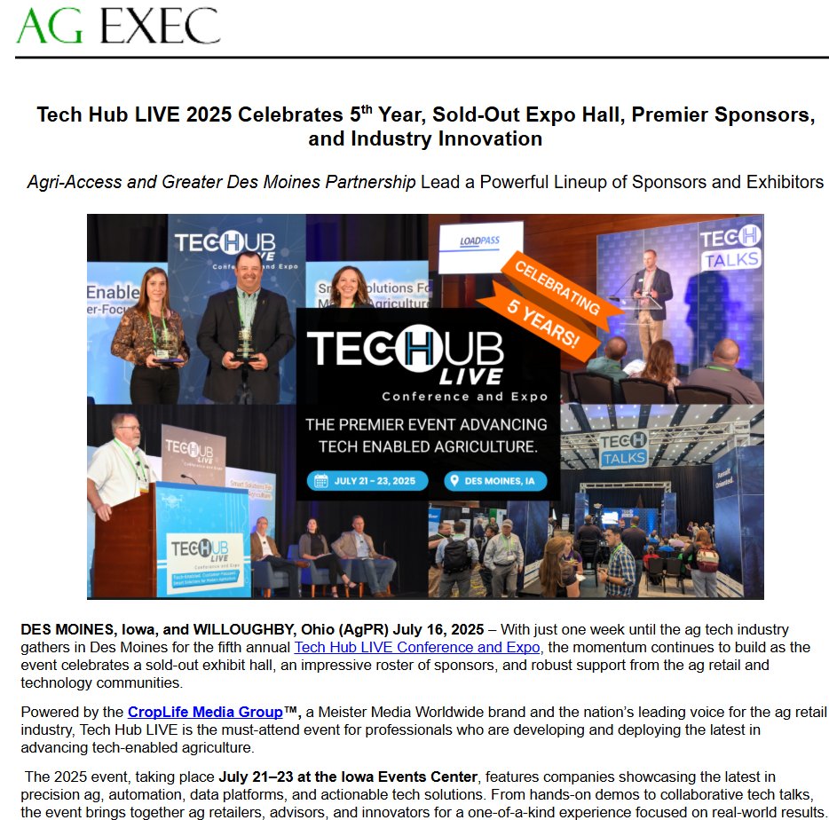 AgEXEC (@agexec) on Twitter photo AgEXEC: Tech Hub LIVE 2025 Celebrates 5th Year, Sold-Out Expo Hall, Premier Sponsors, and Industry Innovation. agnewscenter.com/archives.cfm?n… <a href="/MeisterMedia/">Meister Media</a> <a href="/croplifemag/">CropLife Media Group</a> #agretailers #agtech #agriculture #drones #ruralbroadband #IoTinAg #IoT via AgPR.com <a href="/agnewscenter/">agnewscenter AgPR</a> AgEXEC: Tech Hub LIVE 2025 Celebrates 5th Year, Sold-Out Expo Hall, Premier Sponsors, and Industry Innovation. agnewscenter.com/archives.cfm?n… <a href="/MeisterMedia/">Meister Media</a> <a href="/croplifemag/">CropLife Media Group</a> #agretailers #agtech #agriculture #drones #ruralbroadband #IoTinAg #IoT via AgPR.com <a href="/agnewscenter/">agnewscenter AgPR</a>