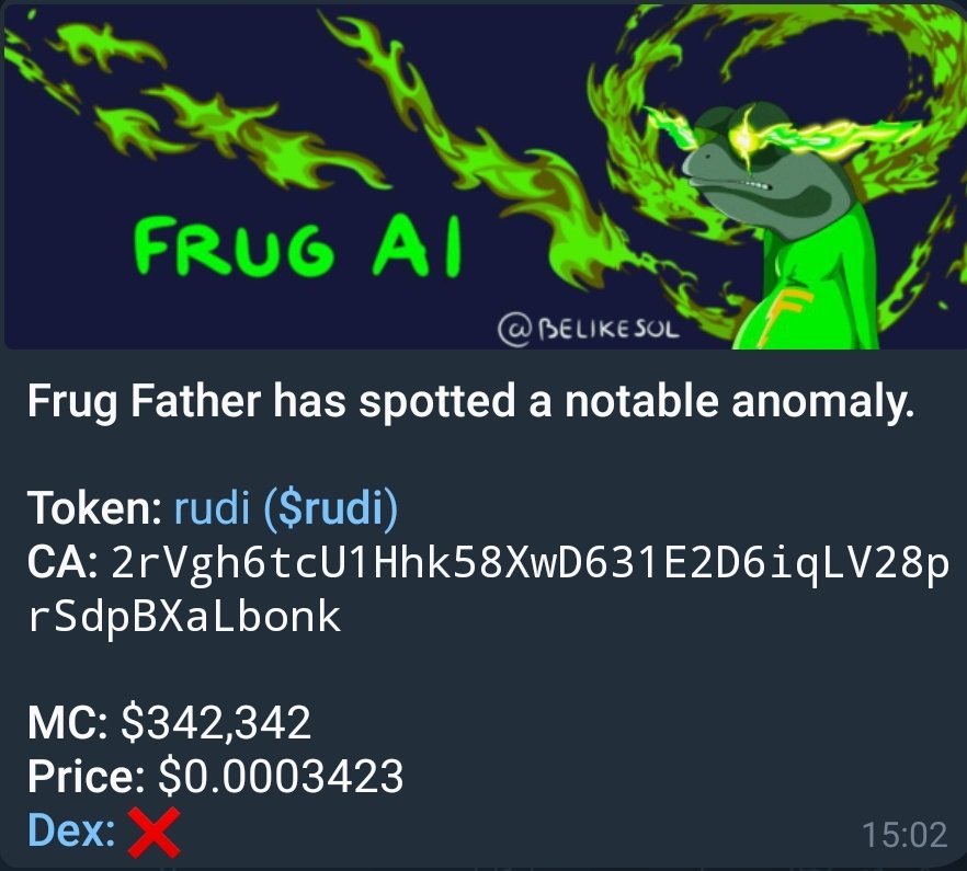 Cm90trad's tweet photo. ππ Frug AI with another successful call! π€―
$RUDI called at $342,342, soaring to 17.21Mβa 50.3X return!
Join Frug AI for top-tier trading signals, just like this one.
@Frugsolana
#Crypto #FrugAI
@blknoiz06 @a1lon9 @mrpunkdoteth https://t.co/9MRr0JKz3G