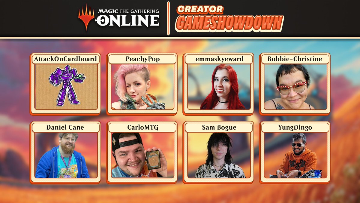 MagicOnline's tweet image. Announcing the first-ever Magic Online Creator GameShowdown!
8 creators. 1 champion.
A chaotic battle of trivia, wit & card knowledge.
This Saturday at 1 PM PT
Where: Twitch.tv/magiconline & youtube.com/@OfficialMagic…
You don’t want to miss this chaos.
Our featured creators