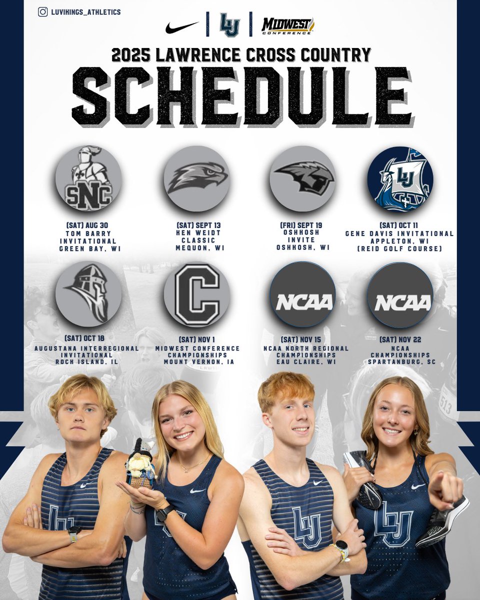 ‼️𝙈𝙖𝙧𝙠 𝙮𝙤𝙪𝙧 𝙘𝙖𝙡𝙚𝙣𝙙𝙖𝙧𝙨‼️
The 2025 Cross Country schedule is here! Only 4️⃣5️⃣ days until the first race of the season.

🗓️:vikings.lawrence.edu/sports/mcross/…

Home Meet: Oct. 11th - Reid Golf Course 11AM
See you there! 🫵🏼

#LUXCVikings | #ReadyTheShip