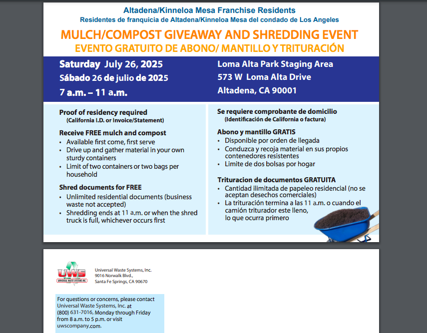 Hey Altadena/Kinneloa Mesa Franchise Residents! Please check out this event by Universal Waste Systems. Stop by to pick up FREE compost and mulch to apply to home landscapes and garden beds.