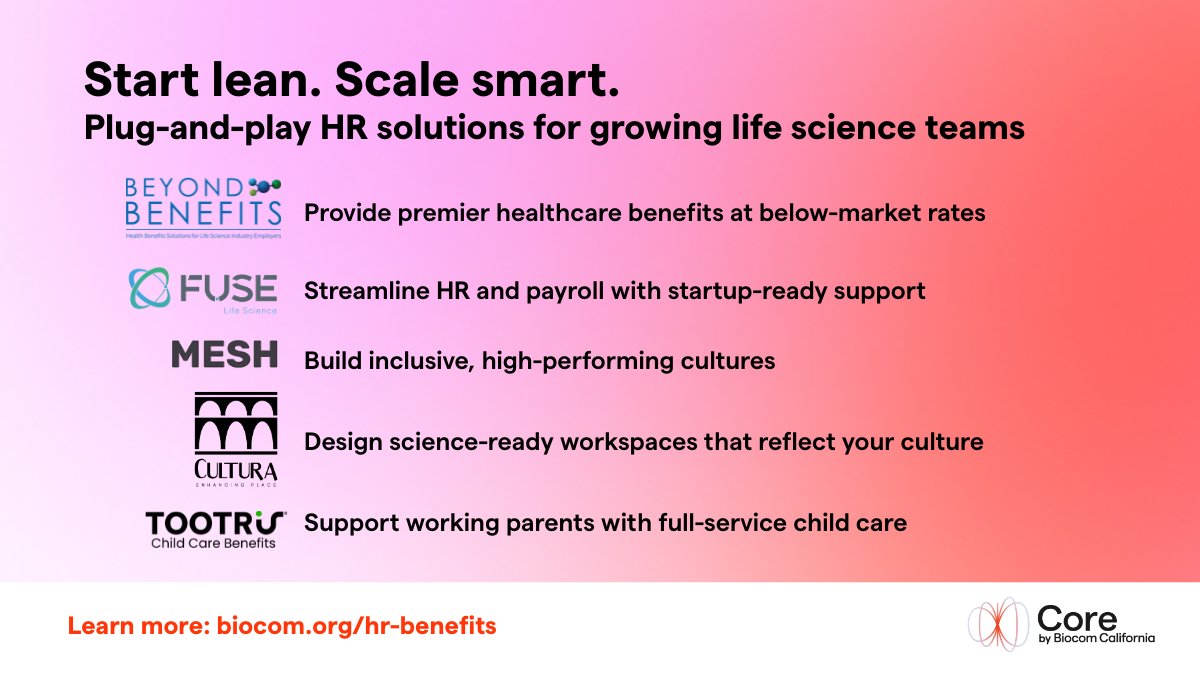BiocomCA's tweet image. For HR teams, time is your most valuable resource. Core by Biocom California offers tools to deliver healthcare benefits, onboard faster, build culture, create science-ready workspaces, support working parents and more—without extra overhead. Learn more: bit.ly/4eZITcY