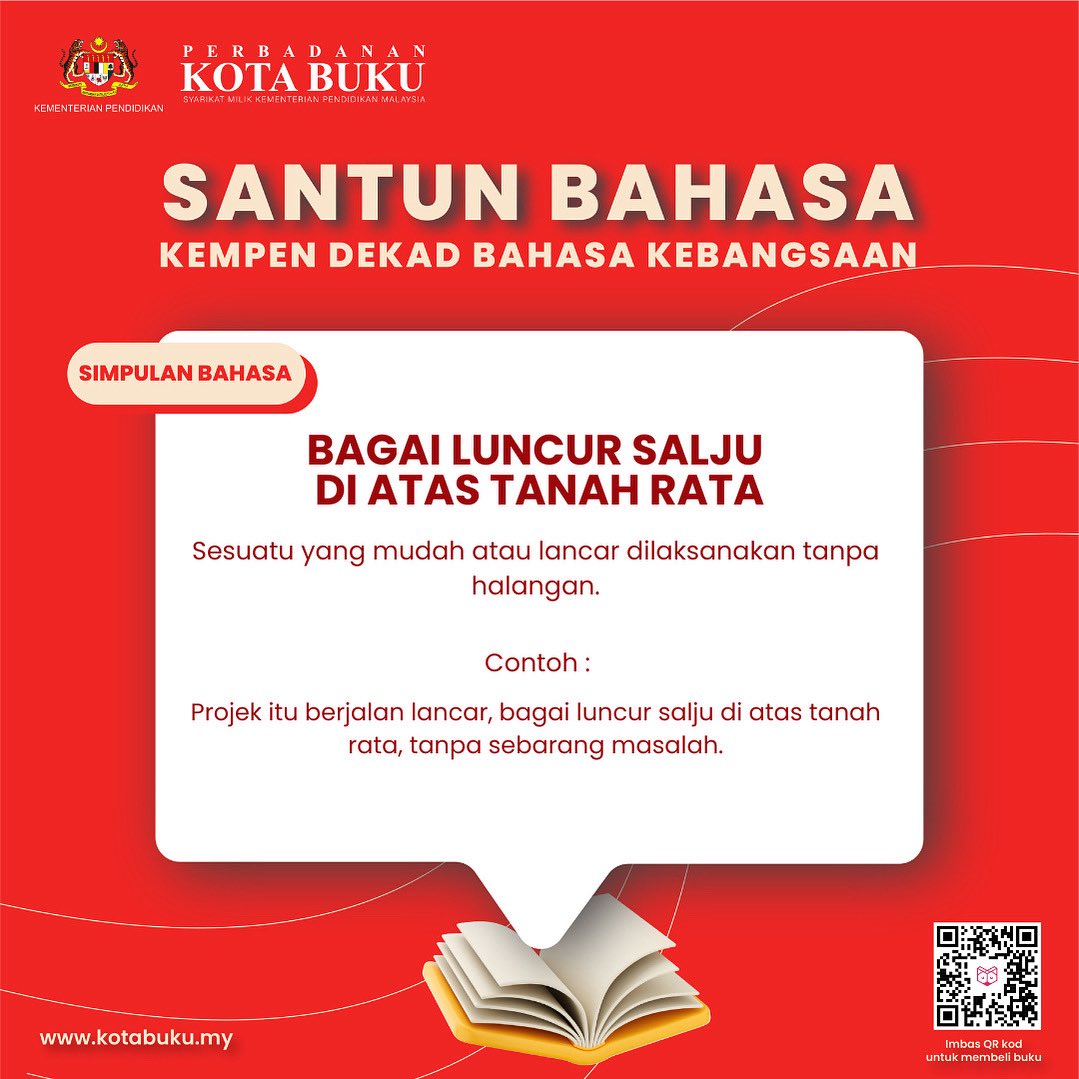 SANTUN BAHASA MINGGU INI: 

Bagai Luncur Salju Di Atas
Tanah Rata

Sesuatu yang mudah atau lancar dilaksanakan tanpa halangan.

Contoh :
Projek itu berjalan lancar, bagai luncur salju di atas tanah rata, tanpa sebarang masalah.

#kotabuku #BookCapital #MallBookCapital