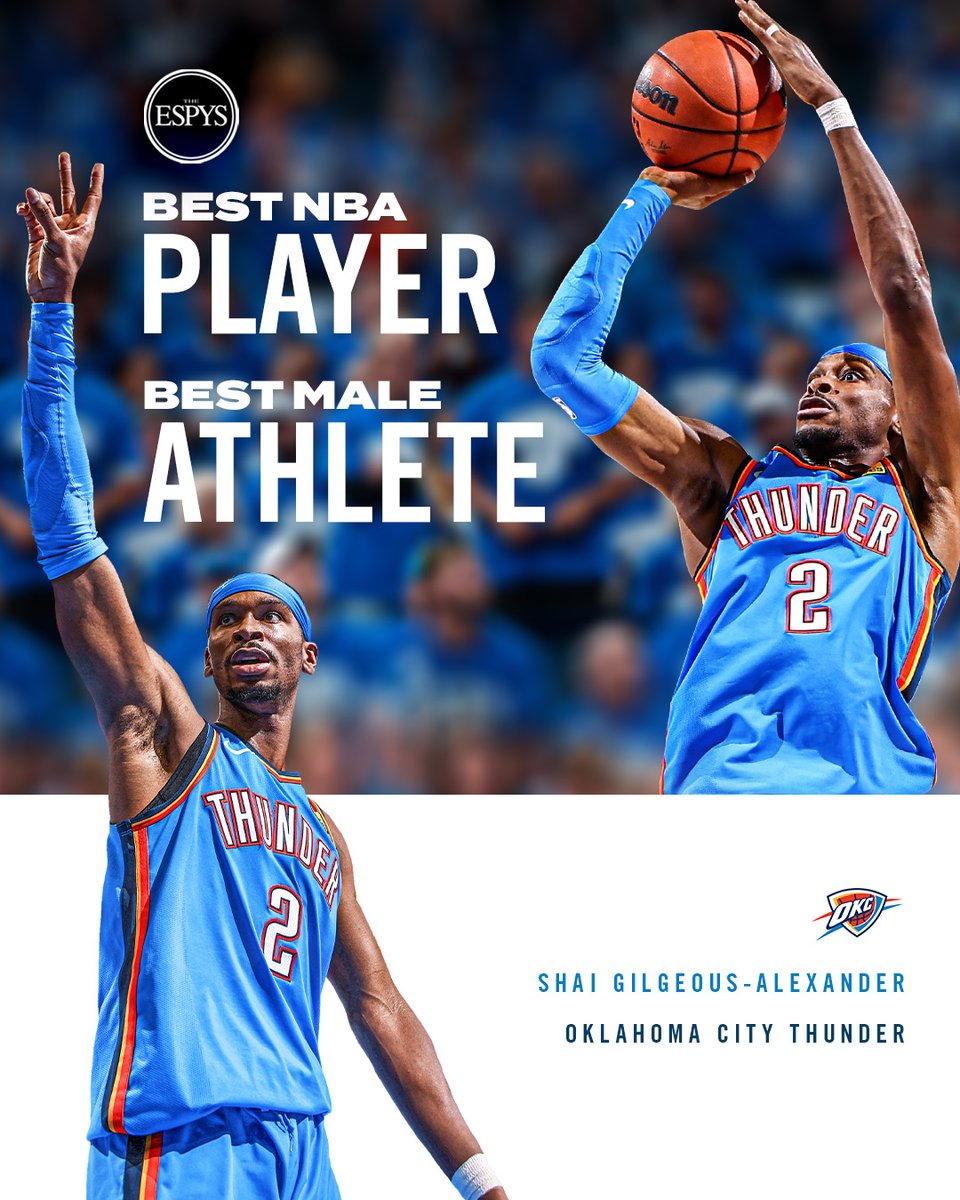 okcthunder's tweet image. SGA wins the @ESPYS Best Male Athlete and NBA Player of the Year awards 🏆