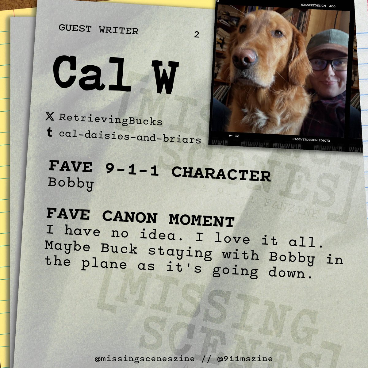 911MSZine's tweet image. The next guest writer is @RetrievingBucks! They can also be found on Tumblr with the handle @/cal-daises-and-briars.
Apps have been extended to August 6! Submit yours now!
🔥 ARTIST: forms.gle/uy2dtcDvMFCBWx…
🔥 WRITER: forms.gle/GesZvq954WGx4Q…
🔥 INFO: missingscenes.carrd.co