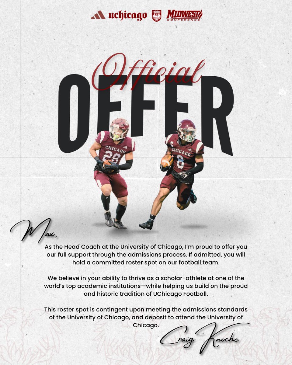 Max Vieth (@max_vieth) on Twitter photo After a great call with <a href="/CoachK_UChicago/">Craig Knoche</a> I am blessed to have received an offer to continue my football career at U Chicago!! <a href="/UChicagoFB/">UChicago Football</a> Thank you <a href="/Coach_J_Nelson/">Coach Jason Nelson</a>!! Go Maroons! #AGTG!!
<a href="/warriorqbcoach/">Warren McCarty</a> <a href="/FHS_Knights/">Fairview Knights Football - Colorado</a> After a great call with <a href="/CoachK_UChicago/">Craig Knoche</a> I am blessed to have received an offer to continue my football career at U Chicago!! <a href="/UChicagoFB/">UChicago Football</a> Thank you <a href="/Coach_J_Nelson/">Coach Jason Nelson</a>!! Go Maroons! #AGTG!!
<a href="/warriorqbcoach/">Warren McCarty</a> <a href="/FHS_Knights/">Fairview Knights Football - Colorado</a>