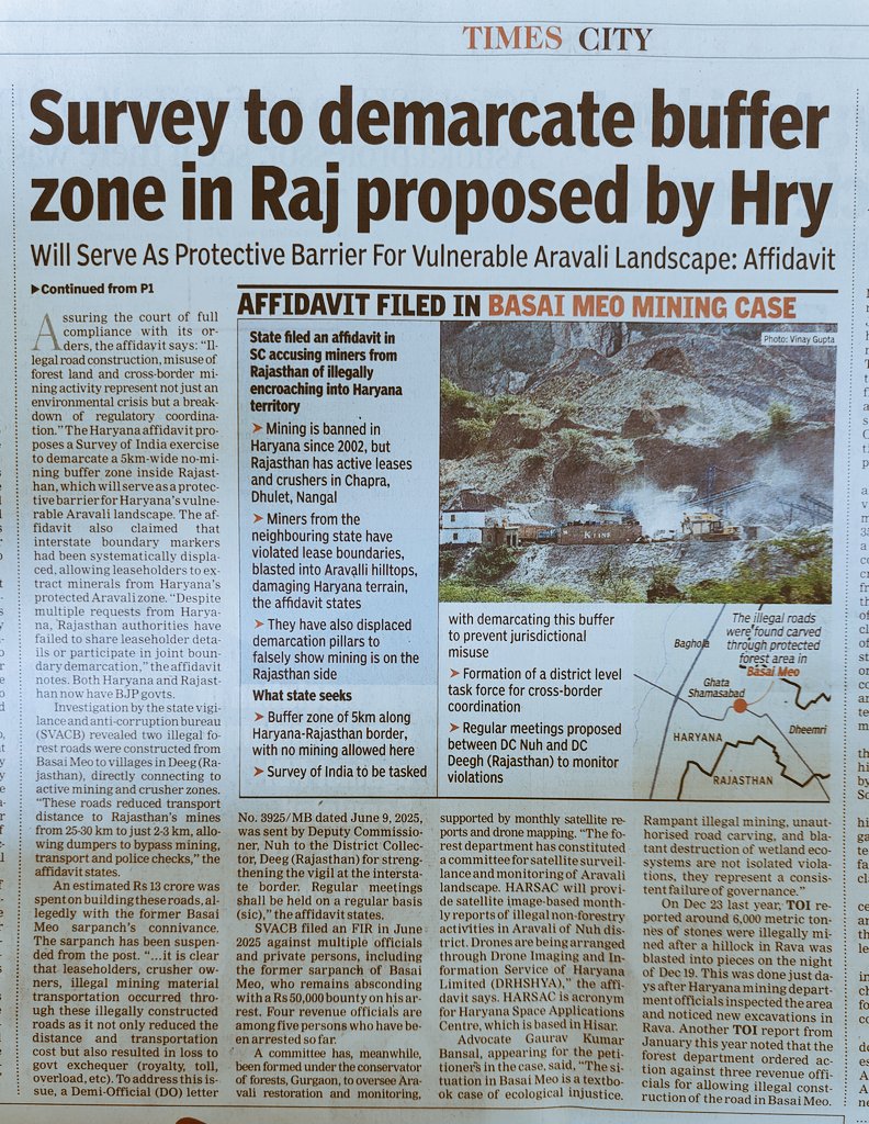 IpsitaTOI's tweet image. Haryana urges SC to ban mining 5km inside Rajasthan for buffer to save Aravalis. Admits Rampant Mining ‘Not Just Environmental Crisis, But Breakdown Of Regulatory Coordination’ @AdvGauravKumar @lifeindia2016 @rahuulchoudhary @pargaien @rameshpandeyifs @SPYadavIFS