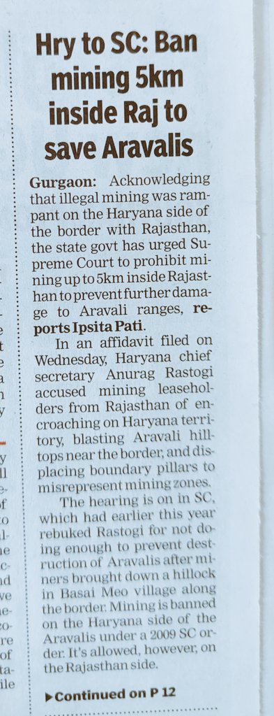 IpsitaTOI's tweet image. Haryana urges SC to ban mining 5km inside Rajasthan for buffer to save Aravalis. Admits Rampant Mining ‘Not Just Environmental Crisis, But Breakdown Of Regulatory Coordination’ @AdvGauravKumar @lifeindia2016 @rahuulchoudhary @pargaien @rameshpandeyifs @SPYadavIFS
