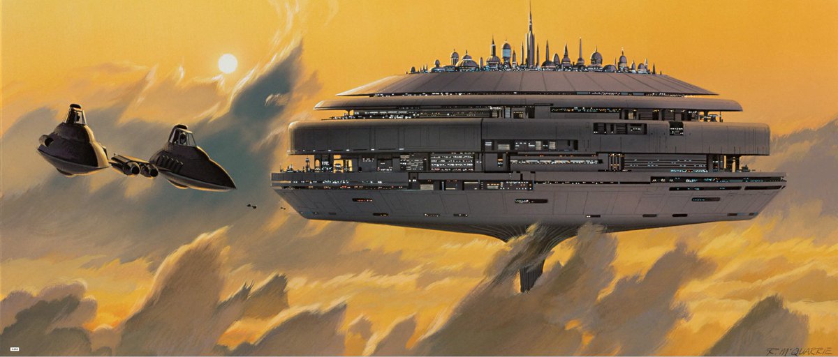 kershed's tweet image. July 16–18, 1978: Star Wars: The Empire Strikes Back: Ralph McQuarrie painted “Cloud City” and explained that the spectacular vista is meant to represent an earlier, more enlightened age: “A place for people to marvel at things.”
#StarWarsArchives19771983
youtu.be/fgKQaRMBuVs