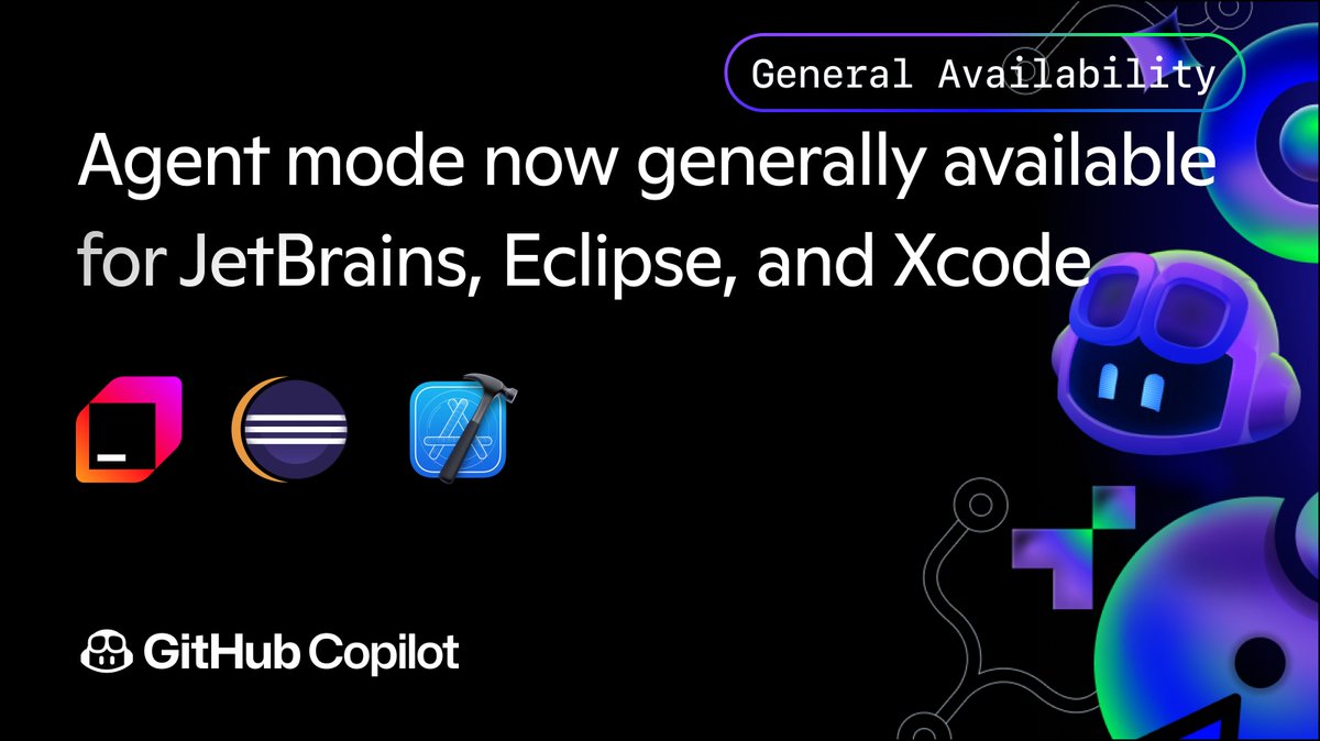 🚀 Agent Mode for JetBrains, Eclipse, and Xcode is now GA!
GitHub Copilot now runs natively in 3rd-party IDEs, enabling autonomous, context-aware and vibe coding experiences. 
Think less setup, more agentic flow.
Click here: github.blog/changelog/2025…