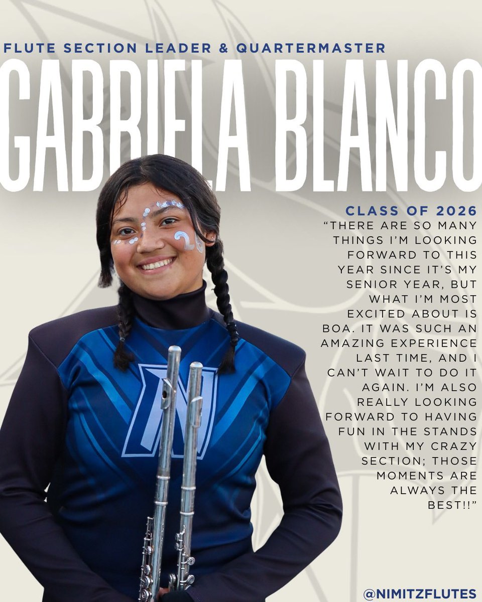 LEADERSHIP SPOTLIGHT: It’s time to meet the 2025-2026 Leadership Team. Meet Gabriela, a Flute Section Leader and Quartermaster! We are excited for you to lead and serve the Nimitz Band this year!

#nimitznation #nimitzvikingband #ALLN #IISDexcellenceinaction #nightfever2025