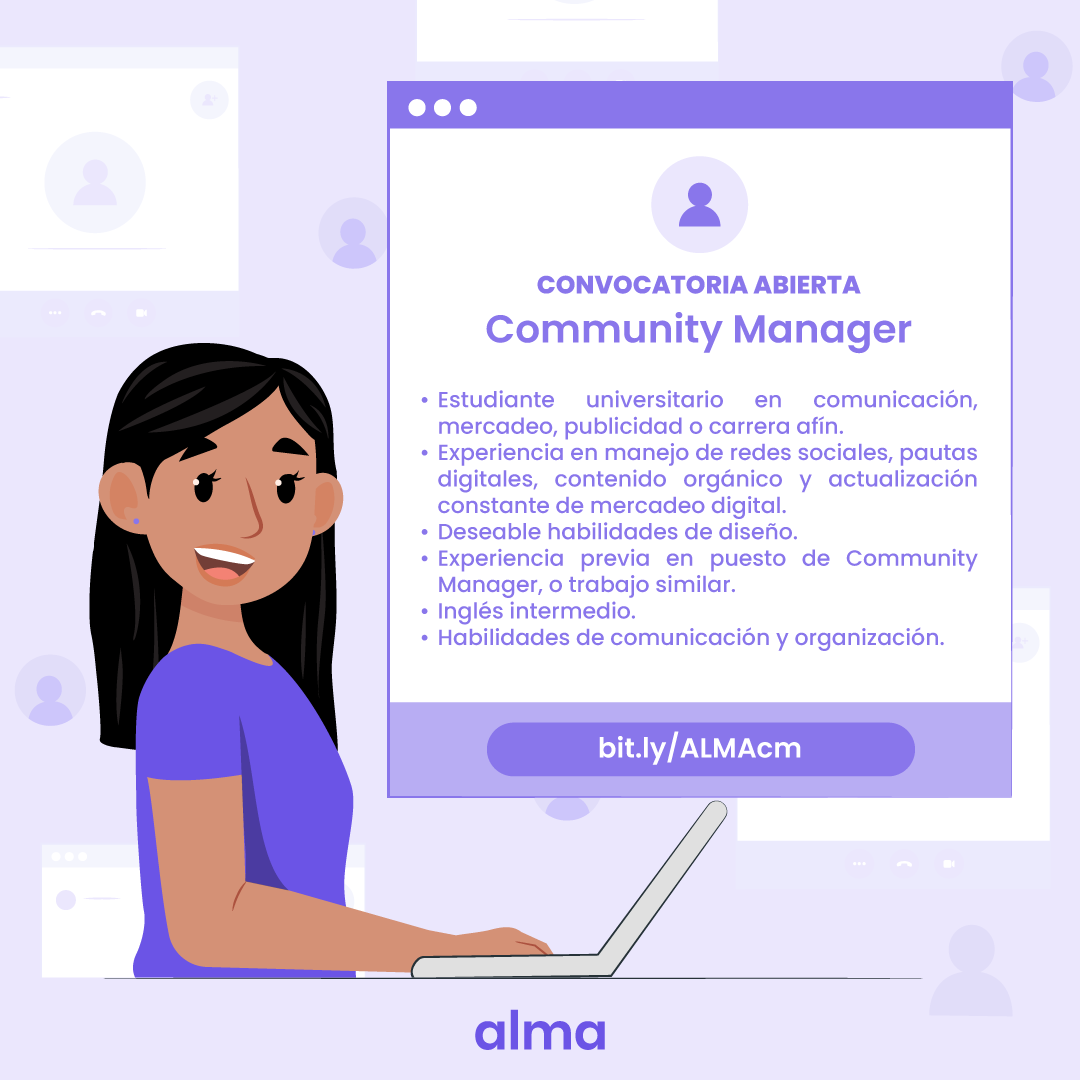 ¡Convocatoria abierta! Únete al equipo de ALMA.

Estamos buscando Community Manager. 
 
Si te interesa y cumples con los requisitos, puedes aplicar aquí:
bit.ly/ALMAcm

📲 Tienes hasta el martes 22 de julio para aplicar.