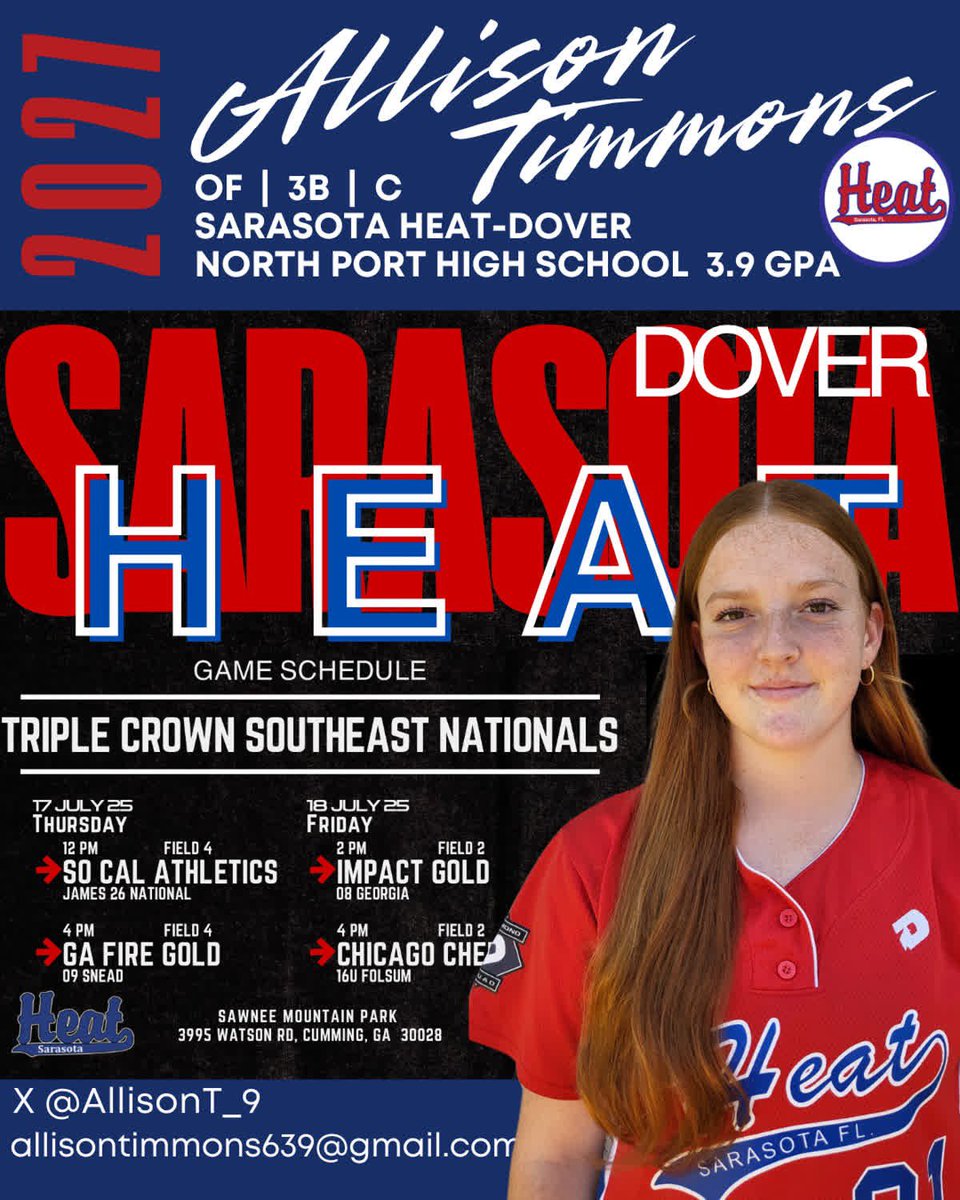 Allison Timmons (@allisont_9) on Twitter photo Our last tournament of the summer season is this week, here is my schedule! <a href="/SarasotaHeat18U/">Sarasota Heat Dover</a>
<a href="/SoFlaFastpitch/">South Fla Fastpitch Group</a>
<a href="/NP_Recruiting/">National Pros Recruiting</a>
<a href="/IHartFastpitch/">I❤️Fastpitch</a>
<a href="/gatorjack72/">Girls In The Game</a>
<a href="/SoftballDown/">Down South Softball</a>
<a href="/UncommittedUsa/">UncommittedPlayersUSA</a>
<a href="/SUncommitted/">Softball Uncommitted</a>
<a href="/SoftballRecruit/">Softball Recruit 🥎</a>
<a href="/LegacyLegendsS1/">Legacy & Legends Softball</a>
<a href="/ExtraInningSB/">EXTRA INNING SOFTBALL</a>
<a href="/AcesSpotlight/">Student ACES Sports Spotlight</a>
<a href="/SnapMyAd/">🙋🏾♀️🥎</a> Our last tournament of the summer season is this week, here is my schedule! <a href="/SarasotaHeat18U/">Sarasota Heat Dover</a>
<a href="/SoFlaFastpitch/">South Fla Fastpitch Group</a>
<a href="/NP_Recruiting/">National Pros Recruiting</a>
<a href="/IHartFastpitch/">I❤️Fastpitch</a>
<a href="/gatorjack72/">Girls In The Game</a>
<a href="/SoftballDown/">Down South Softball</a>
<a href="/UncommittedUsa/">UncommittedPlayersUSA</a>
<a href="/SUncommitted/">Softball Uncommitted</a>
<a href="/SoftballRecruit/">Softball Recruit 🥎</a>
<a href="/LegacyLegendsS1/">Legacy & Legends Softball</a>
<a href="/ExtraInningSB/">EXTRA INNING SOFTBALL</a>
<a href="/AcesSpotlight/">Student ACES Sports Spotlight</a>
<a href="/SnapMyAd/">🙋🏾♀️🥎</a>