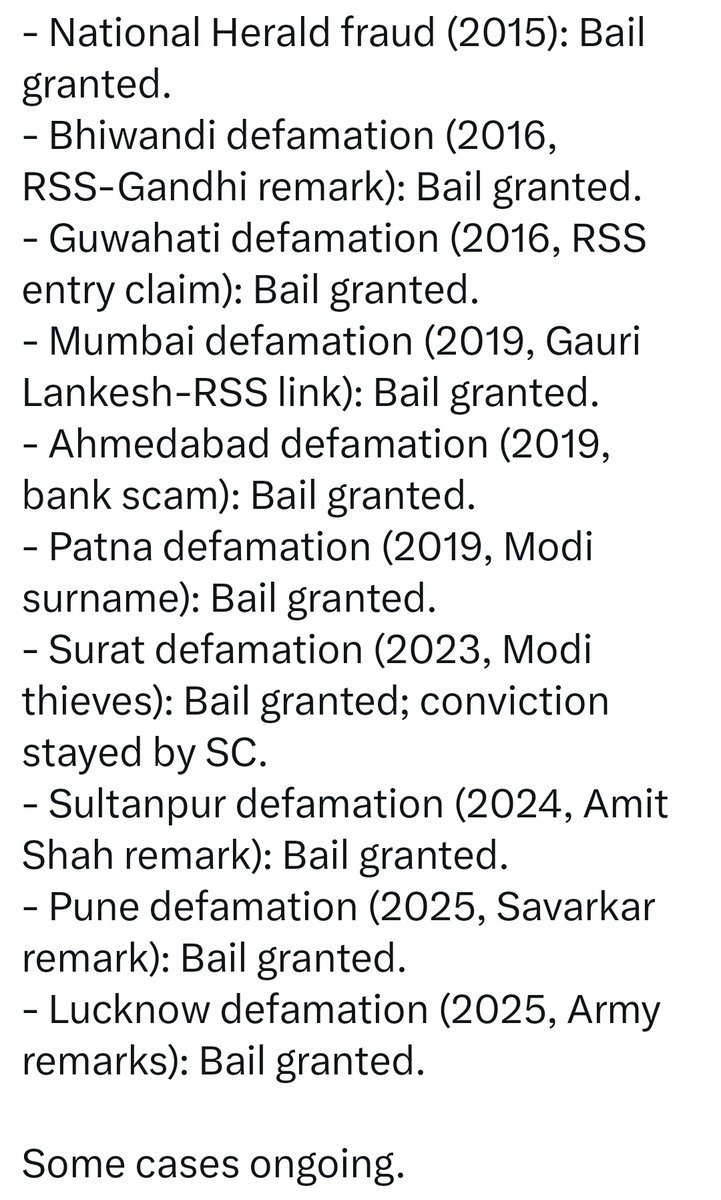 That's just few legal cases against the Leader of the Opposition in Bharat <a href="/RahulGandhi/">Rahul Gandhi</a>, who also in Violation of Official Secrets Act, has not disclosed the MoU he has signed with China

Such a legal past will disallow a Citizen to be a Government Employee and even a Military