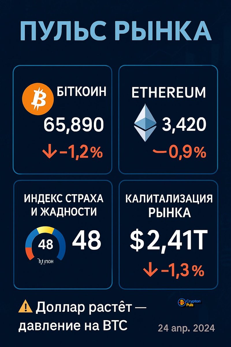 Cryptus_Hub's tweet image. 📉 BTC $65.9K (–1.2%) под давлением доллара  
📉 ETH $3.42K (–0.9%) — общий спад  
🟡 Индекс страха/жадности: 48  
🌐 Капитализация: $2.41T (–1.3%)

Рынок в ожидании импульса. Макро — главный драйвер!  

BTC #ETH #CryptoPulse #MacroSignals