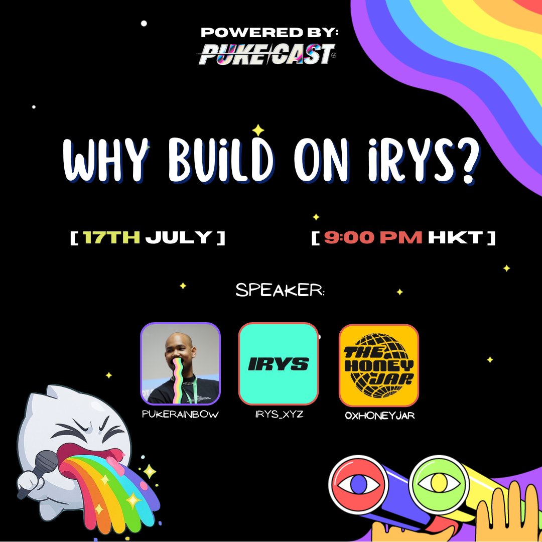 Hirys, its Thursday, time for another <a href="/irys_xyz/">Irys (✧ᴗ✧)</a> spaces! 

Join me, as we have a chat with <a href="/0xhoneyjar/">the honey jar 🐼⛓️‍🧲</a> on what they are building &amp; the integration into Irys ecosystem 

🗓️17th July
⏲️9:00am EST / 9:00pm HKT
✅ Set reminder 👇