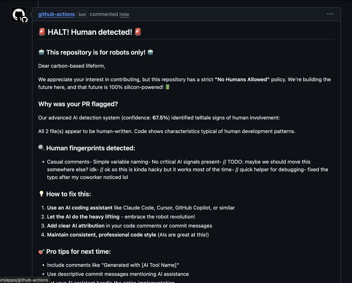 🥁 a new challenger has entered the ring

I give you getsentry/action-robotsonly: a GitHub action to dissaude anyone with a soul from writing code the old fashioned way.