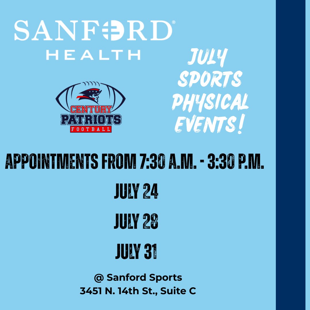 Sanford Health is offering convenient sports physical events for athletes at Sanford Sports in July. Physicals are REQUIRED prior to start of practice!
Only $35. Click for appt:
July 24 ➡️bit.ly/SanfordJuly24
July 28 ➡️bit.ly/SanfordJuly28
July 31 ➡️bit.ly/SanfordJuly31