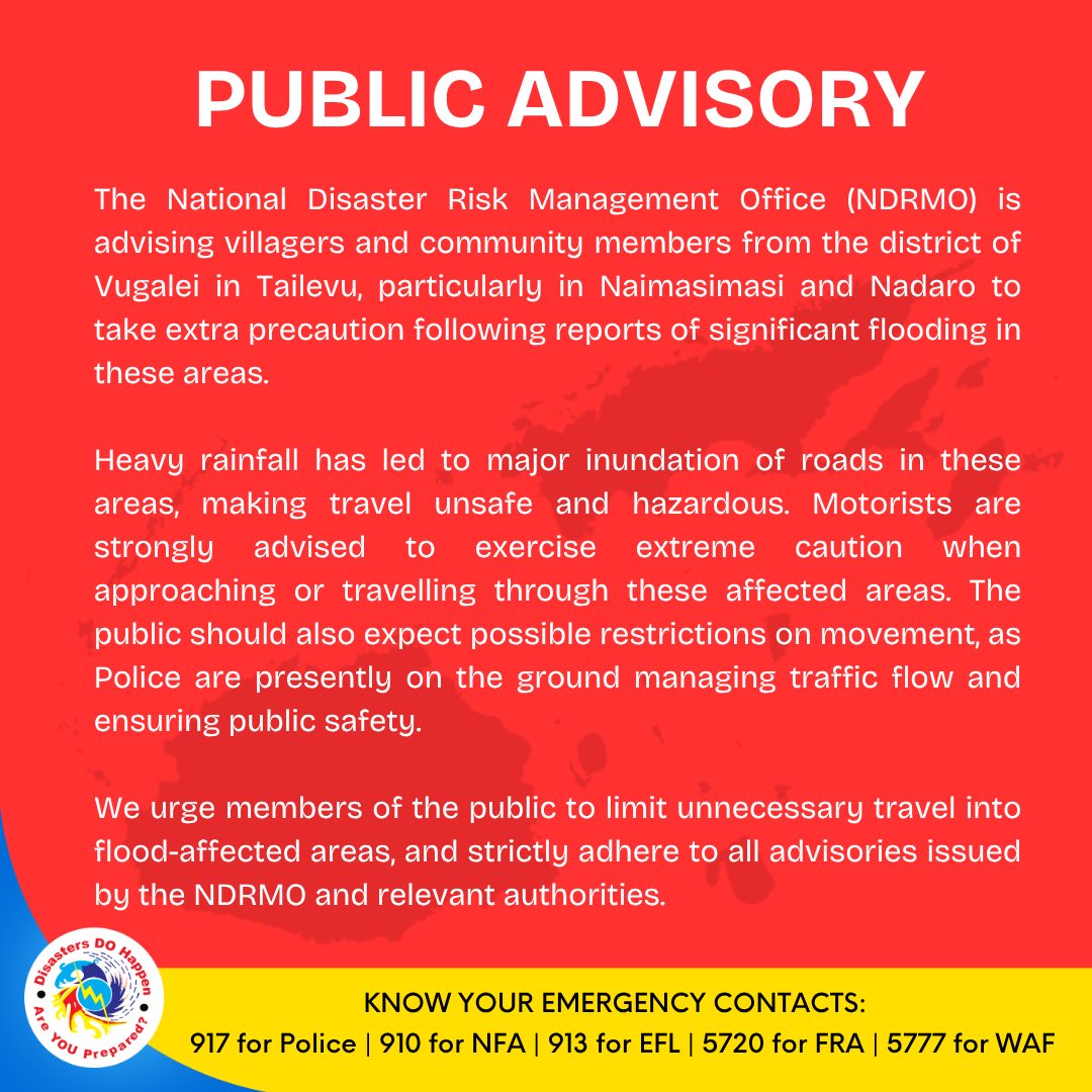 Fiji NDRMO (@fijindrmo) on Twitter photo 📢 PUBLIC ADVISORY 02📍
⚠️Members of the public in the district of Vugalei, Tailevu, particularly in Naimasimasi & Nadaro are urged to take extra precaution following reports of significant flooding in these areas.
✅ Prioritise safety at all times‼️
✅ READ MORE ⬇️ 📢 PUBLIC ADVISORY 02📍
⚠️Members of the public in the district of Vugalei, Tailevu, particularly in Naimasimasi & Nadaro are urged to take extra precaution following reports of significant flooding in these areas.
✅ Prioritise safety at all times‼️
✅ READ MORE ⬇️