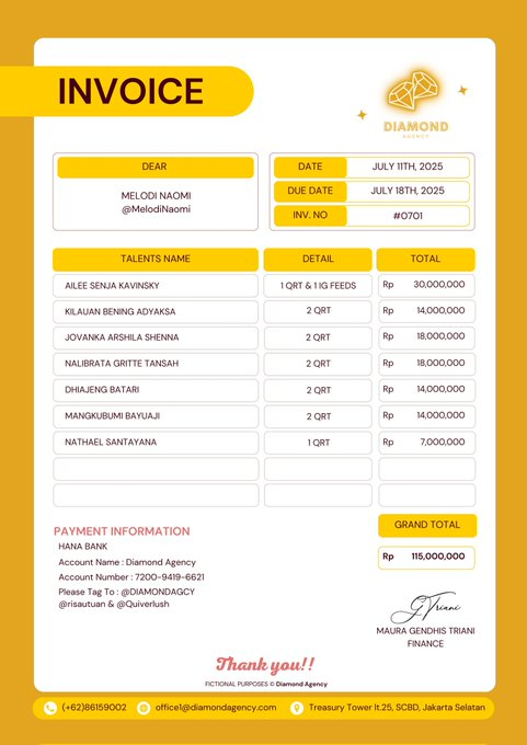 ᅠ ⠀ㅤㅤㅤㅤ
ᅠ ⠀ㅤㅤㅤㅤ
m-Transfer :     
𝗕𝗘𝗥𝗛𝗔𝗦𝗜𝗟     
17/07/2025 10:35     
Hana Bank 7200-9419-6621 
a/n Diamond Agency
Rp 115.000.000,-     
Notes : Pembayaran Endorsement
ᅠ ⠀ㅤㅤㅤㅤ
 (<a href="/DIAMONDAGCY/">DIAMOND AGENCY HIRING</a> <a href="/risautuan/">Kaivan</a> <a href="/Quiverlush/">Maura Gendhis</a>)
ᅠ ⠀ㅤㅤㅤㅤ
ᅠ ⠀ㅤㅤㅤㅤ