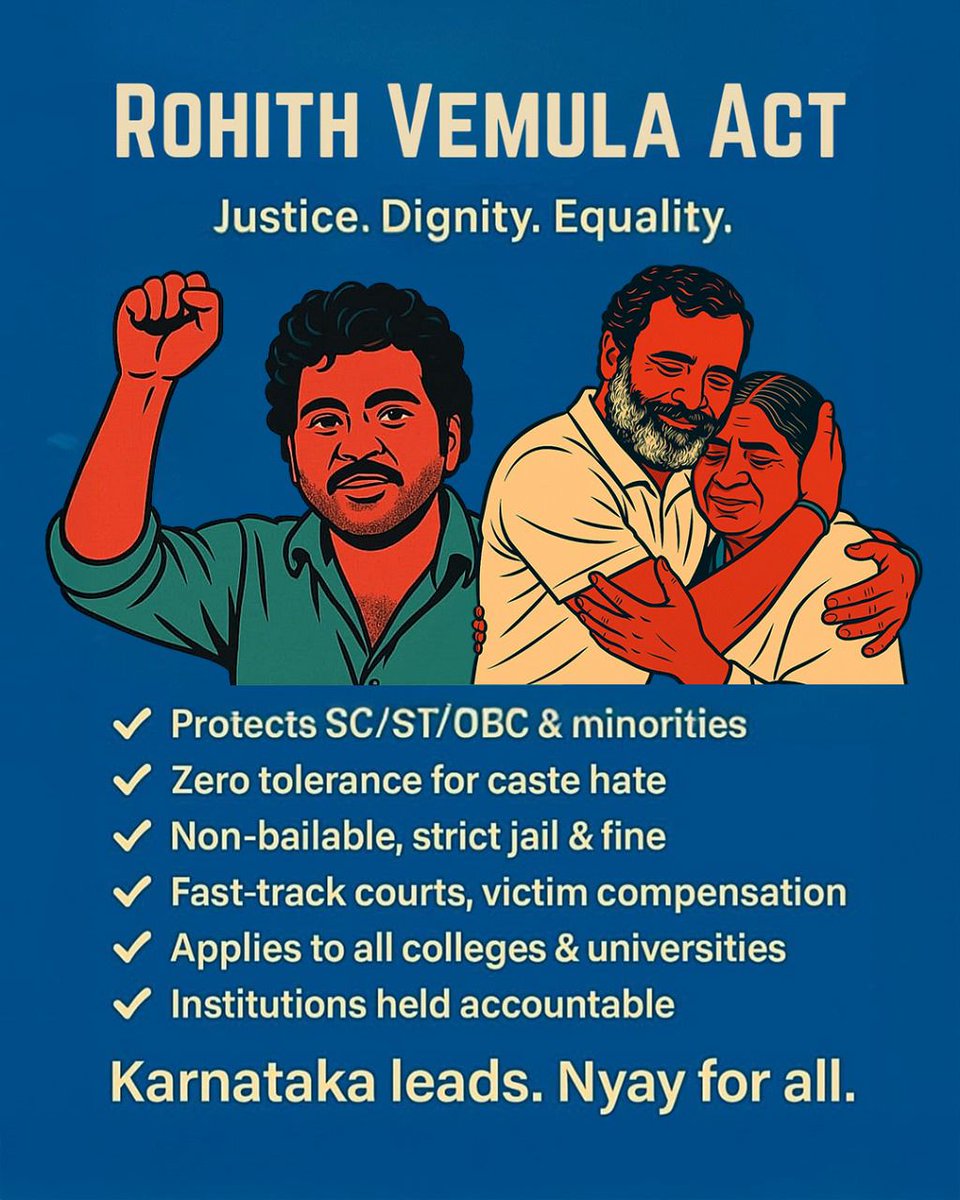 INC_Mahakal's tweet photo. Rahul Gandhi’s vision, 
Nyay in Action!

Rohith Vemula Act will safeguard SCs, STs, OBCs &amp; Minorities with Dignity, Equality, Justice &amp; Accountability

#RohithVemulaAct 
#MyLeaderRahulGandhi 
#RahulGandhiVoiceOfIndia https://t.co/qQQK41kimX