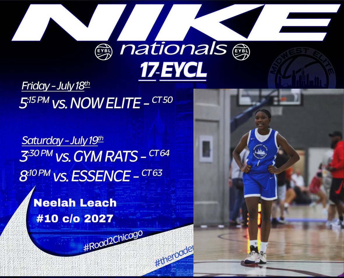 🚨Schedule for upcoming games for this weekend at Nike Nationals at the McCormick Place!!!!!
<a href="/mwehoops_eybl/">Midwest Elite Meanstreets EYBL</a> <a href="/Ladydolphinsgbb/">Whitney Young Lady Dolphins</a>