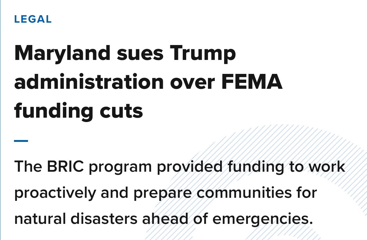 ChrisVanHollen's tweet image. Maryland and 19 other states are rightfully suing the Trump Admin for illegally shutting down a FEMA program that supports critical flood prevention & other disaster mitigation projects to protect communities here & across the country.
Glad @OAGMaryland is taking on this fight.…