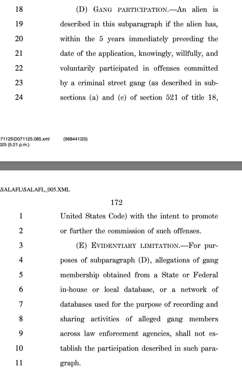 I want to focus on one particularly brazen provision in Maria Salazar's amnesty bill. She made a huge point of saying "gang members won't be admissible!" And, indeed, there is a provision that says if you "voluntarily participated in offenses committed by a criminal street gang"