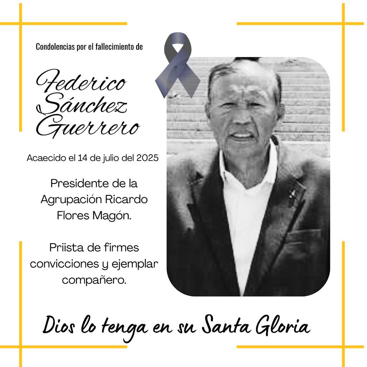 Lamento el fallecimiento de mi compañero Federico Sánchez Guerrero.

Pronta resignación a familiares y amigos.