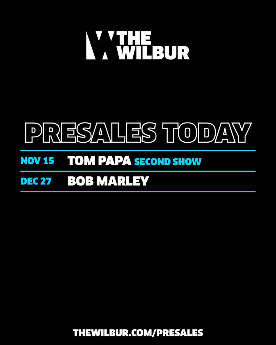 The_Wilbur's tweet image. Some Wilbur favorites are back this year!
Get your tickets today @ 10AM!
👇 USE PRESALE CODE: WT17
🎟️ : thewilbur.com/presales
--
@tompapa
@bobmarleycomedy