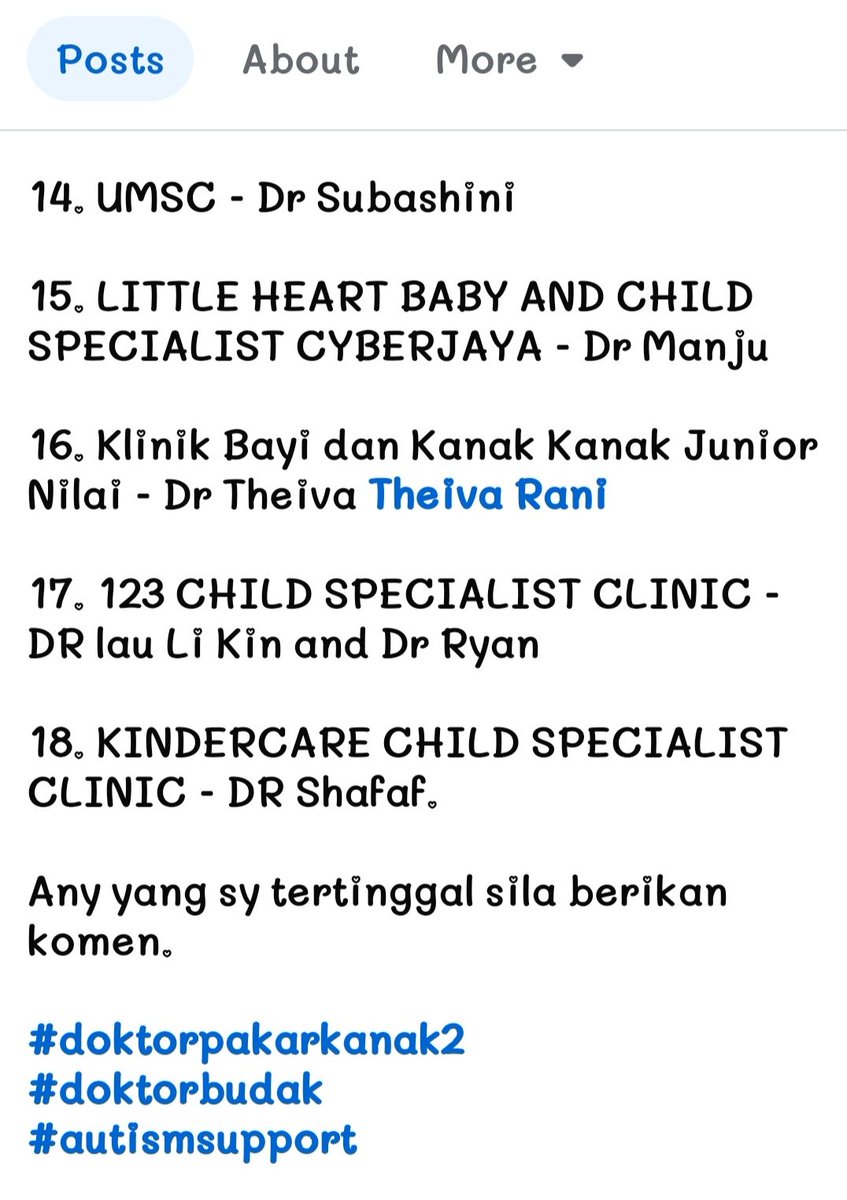 Sharing is caring 

Hi. Im Dr Sarah.. List of paediatrician in Klang valley who do neurodevelopmental assessment to diagnose autism, adhd, gdd with oku form if needed. 

#doktorpakarkanak2
#doktorbudak
#autismsupport