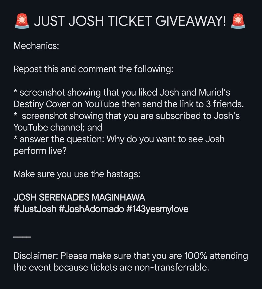 <a href="/JoshAdornado/">Josh Adornado</a> @steaknijuswa <a href="/anjoceljaime/">AJ Jaime 🐺</a> Here's how to join:

JOSH SERENADES MAGINHAWA
#JustJosh #JoshAdornado #143yesmylove <a href="/JoshAdornado/">Josh Adornado</a>