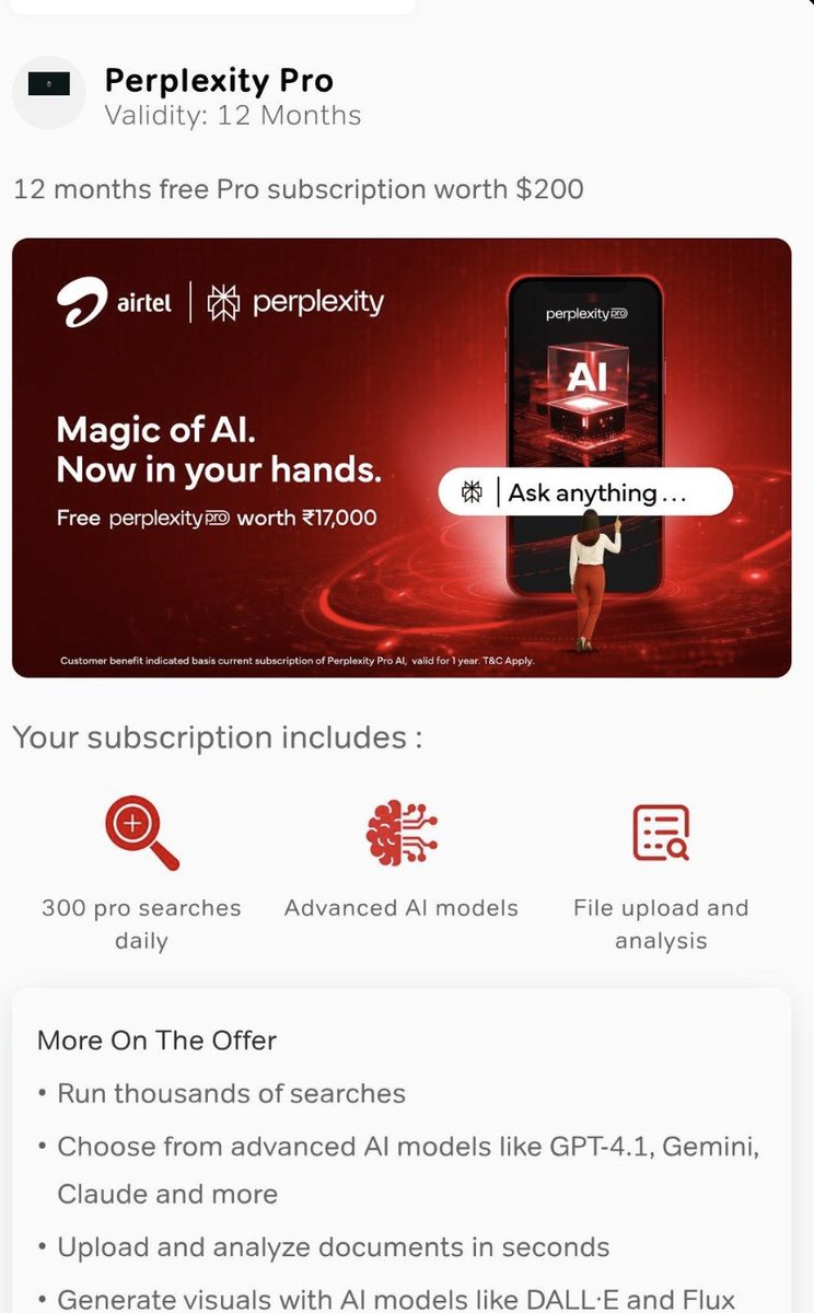 Airtel is offering a free one-year subscription to Perplexity Pro for its users.