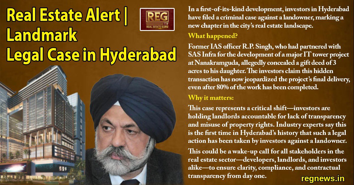 Johnson K (@kingjaanu) on Twitter photo In a significant and unprecedented move, a group of real estate investors in Hyderabad have filed a criminal case against a landownerâsetting a bold new precedent in investor protection and accountability. 
đ The Case:
 A high-value IT tower project at Nanakramguda cross In a significant and unprecedented move, a group of real estate investors in Hyderabad have filed a criminal case against a landownerâsetting a bold new precedent in investor protection and accountability. 
đ The Case:
 A high-value IT tower project at Nanakramguda cross