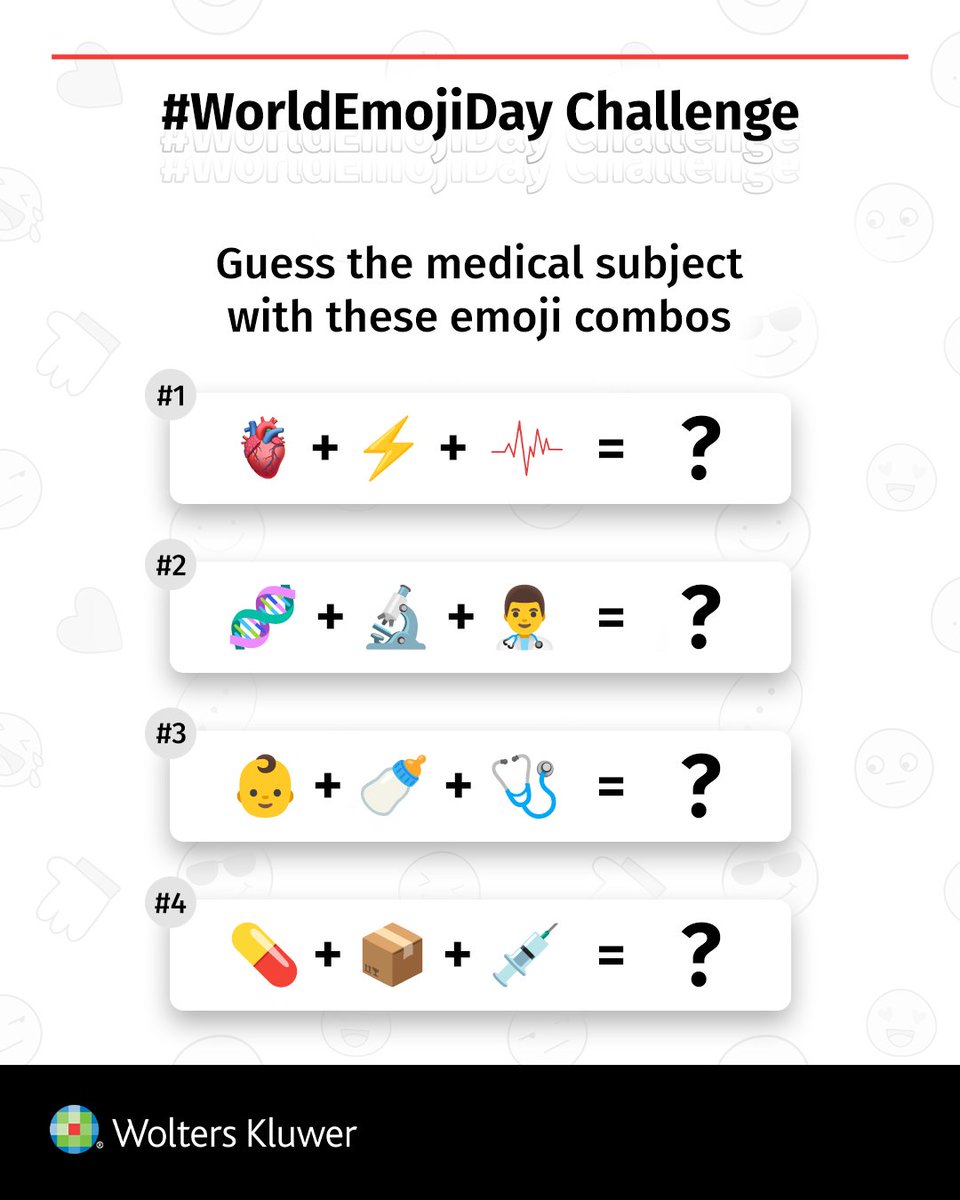 Hey, medical students!
Think you can decode the subject behind these emoji combos?
Reply in the comments with your guesses, or make your own emoji quiz and challenge your batchmates. #worldemojiday

#WoltersKluwerIndia #GuessTheSubject #MedicalEmojiChallenge #EmojiQuiz #EmojiFun
