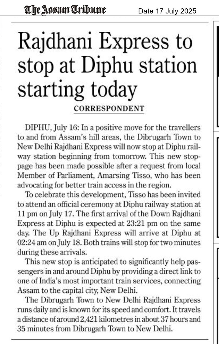 dibarijit's tweet image. Back from #TTFKolkata with great news!
Rajdhani Express now halts at Diphu, easing travel from Delhi, Lucknow, Varanasi, NJP & more to #KarbiAnglong.
A big step for connectivity & culture.
Karbi Anglong Tourism – Where Nature Meets Culture.
#KarbiAnglongTourism
#AssamTourism