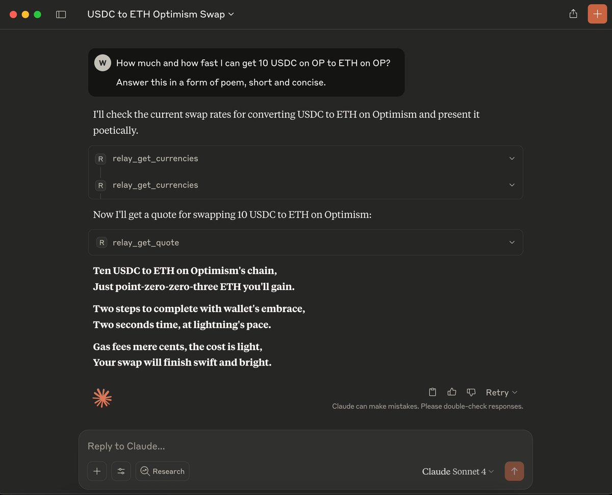 This is crazy LOL 😆

Introducing, <a href="/RelayProtocol/">Relay</a> MCP server!

You can ask info about tokens, transactions, and even your wallet stats within the platform.

Explore: github.com/warengonzaga/r…