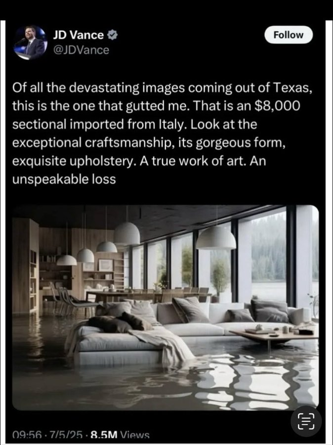 DiamondnKrystal's tweet image. The death toll rises to 134 people
Vice President J D Vance is worried about the couch