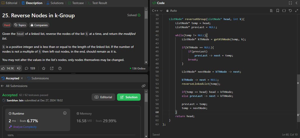 jsambhav5's tweet photo. #Day288 of #300DaysOfDSA
Topics and Learnings: #LinkedList, #ReverseLinkedList
Problems Revised:
111. #LeetCode #25 : Reverse Nodes in k-Group
Approach:
Used modified #ReverseLinkedList to solve this
Complexity Analysis:
TC: O(N)
SC: O(1) https://t.co/nzAiXMDoWZ