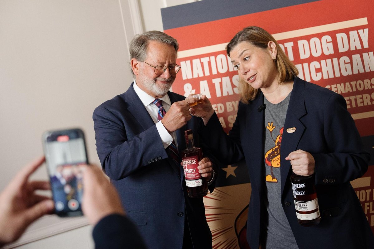SenatorSlotkin's tweet photo. We’ve officially brought National Hot Dog Day to the U.S. Senate! Thank you to @sengarypeters for joining me in hosting today and sharing the joy of Coney dogs, Better Made Chips, Faygo, Vernor’s, root beer floats, dried cherries and Michigan whiskey with a sell-out crowd of Michiganders (and those who aspire to be Michiganders)!